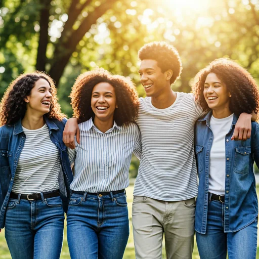 Grupo de adolescentes caminhando e sorrindo em parque ensolarado