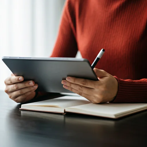 Mãos segurando tablet e caderno em ambiente de trabalho com luz natural